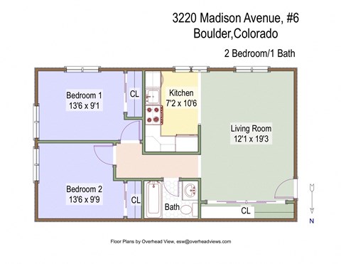 Floor plan for 2 beds, 1 bath, 750 sqft